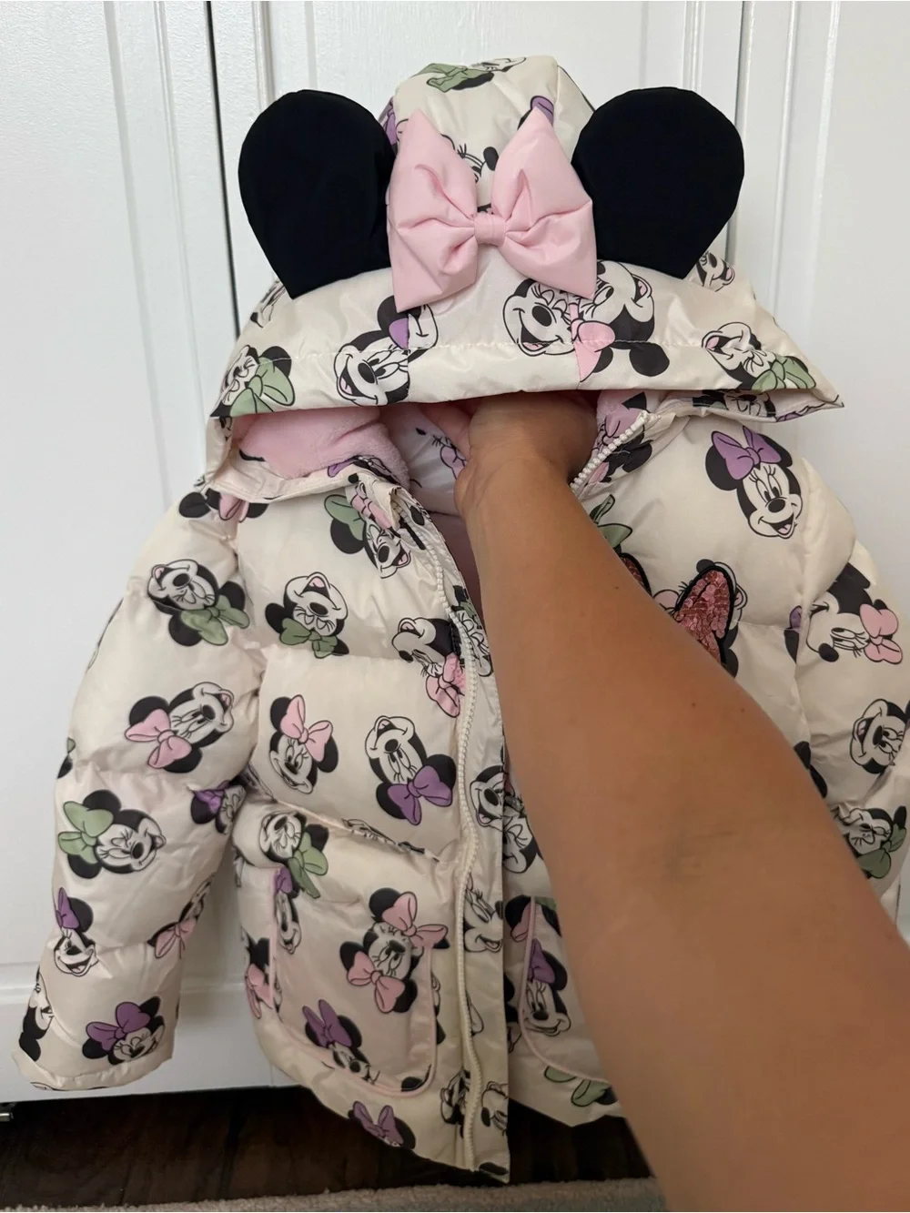 Disney Cream Minnie Mouse Hooded Puffer Jacket with Pink Bow & Black Ear Details